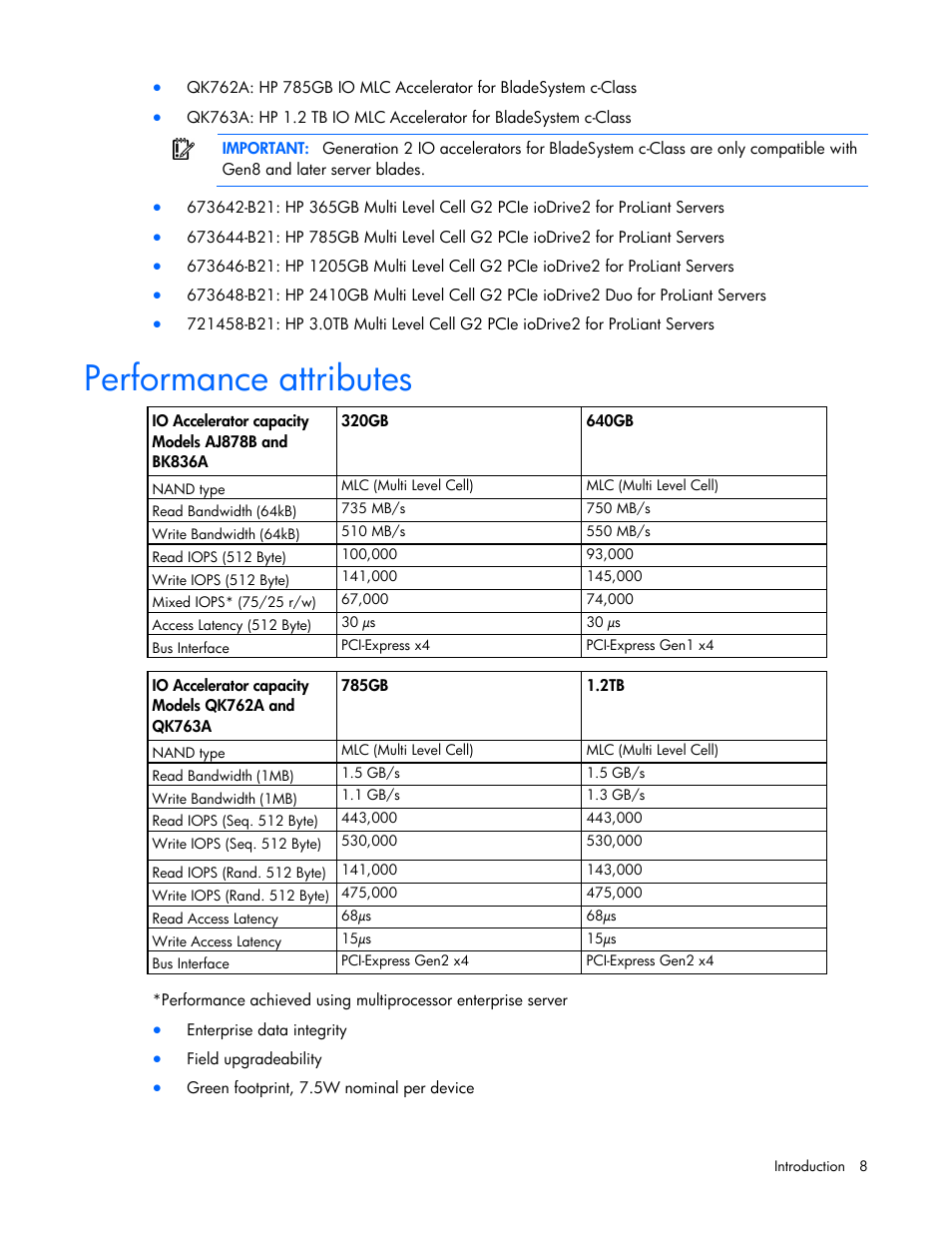 Performance attributes | HP IO Accelerator for BladeSystem c-Class User Manual | Page 8 / 84