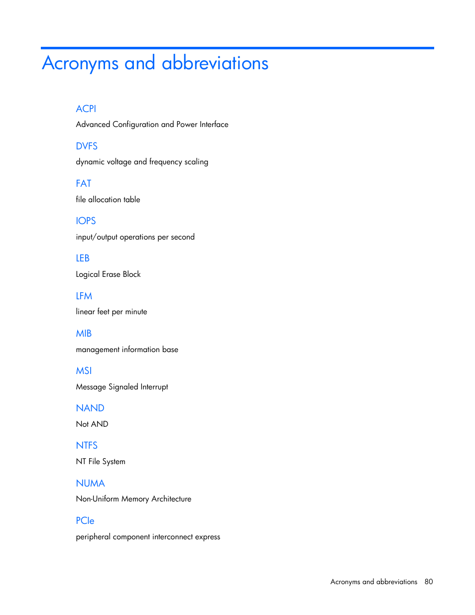 Acronyms and abbreviations | HP IO Accelerator for BladeSystem c-Class User Manual | Page 80 / 84