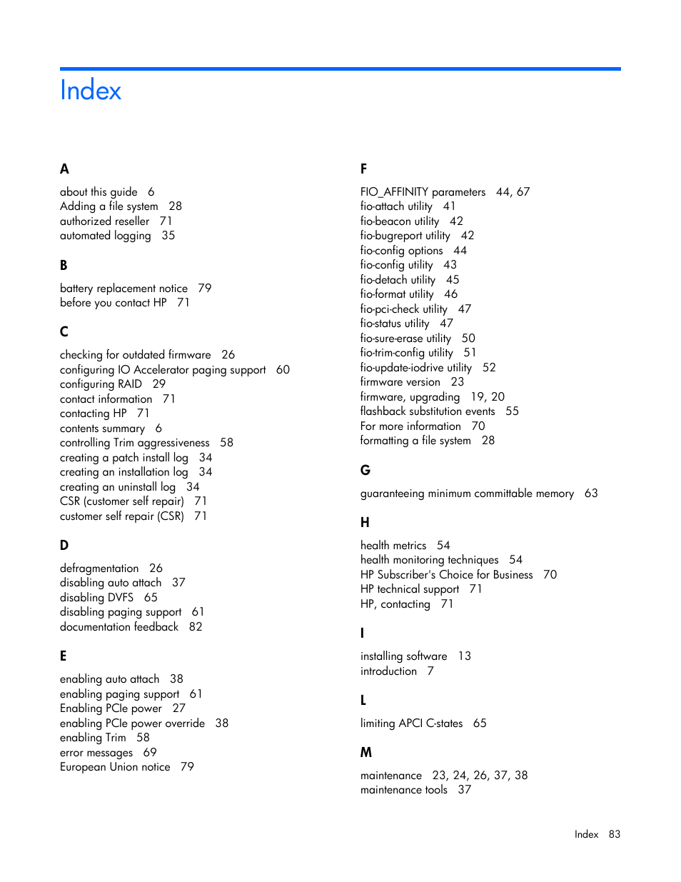 Index | HP IO Accelerator for BladeSystem c-Class User Manual | Page 83 / 84