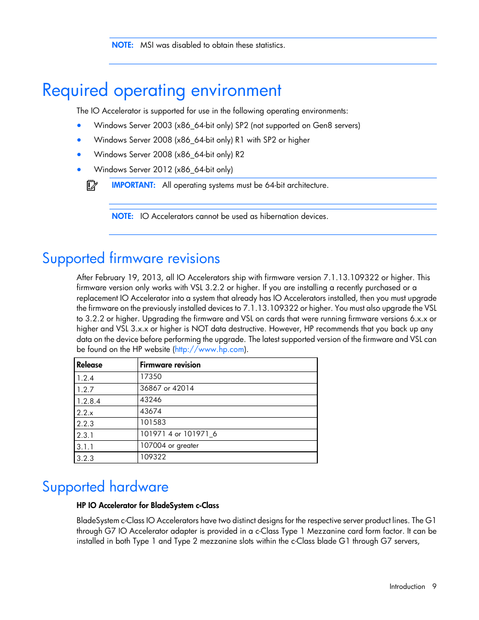 Required operating environment, Supported firmware revisions, Supported hardware | HP IO Accelerator for BladeSystem c-Class User Manual | Page 9 / 84