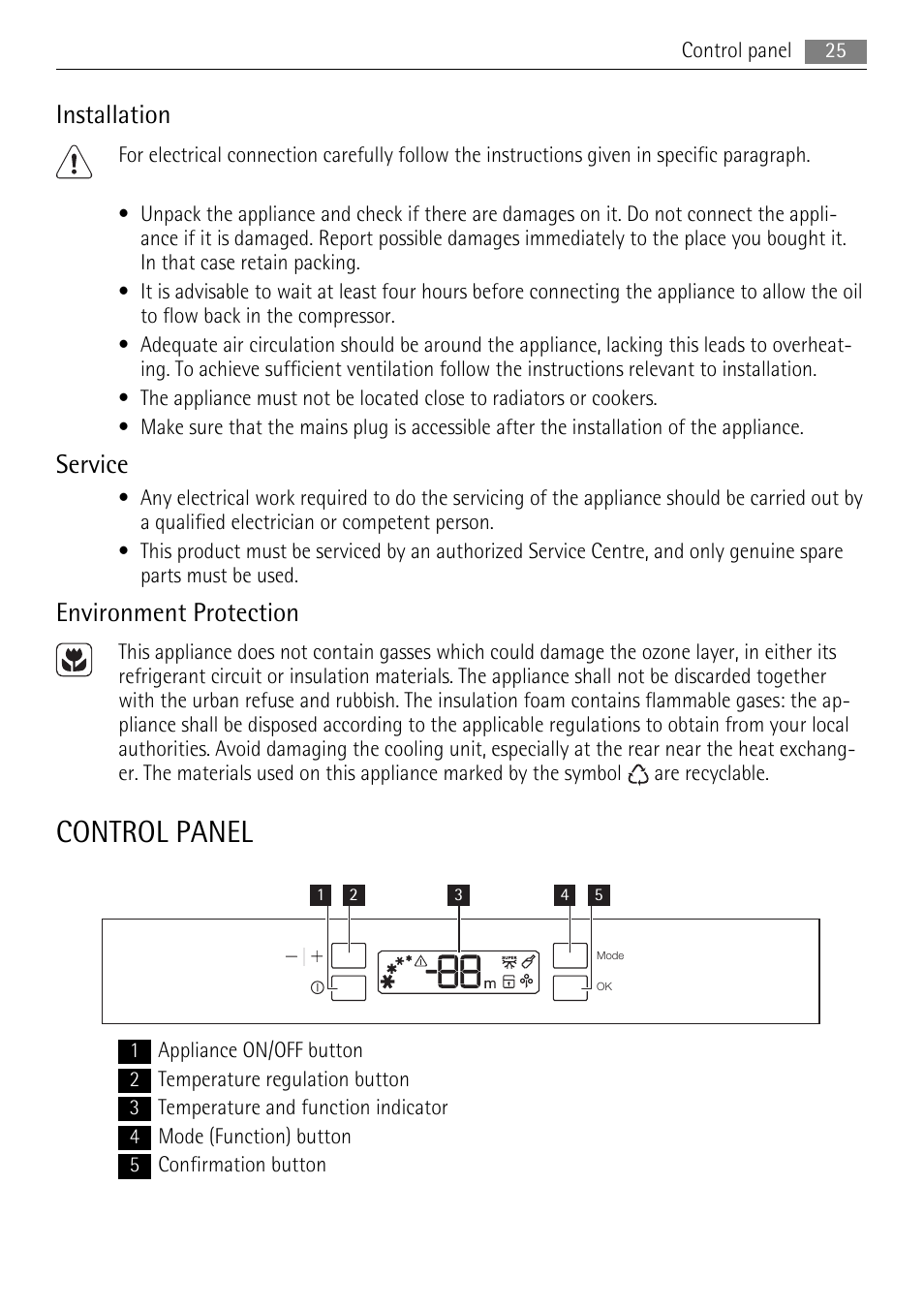 Control panel, Installation, Service | Environment protection | AEG A82300HLW0 User Manual | Page 25 / 80
