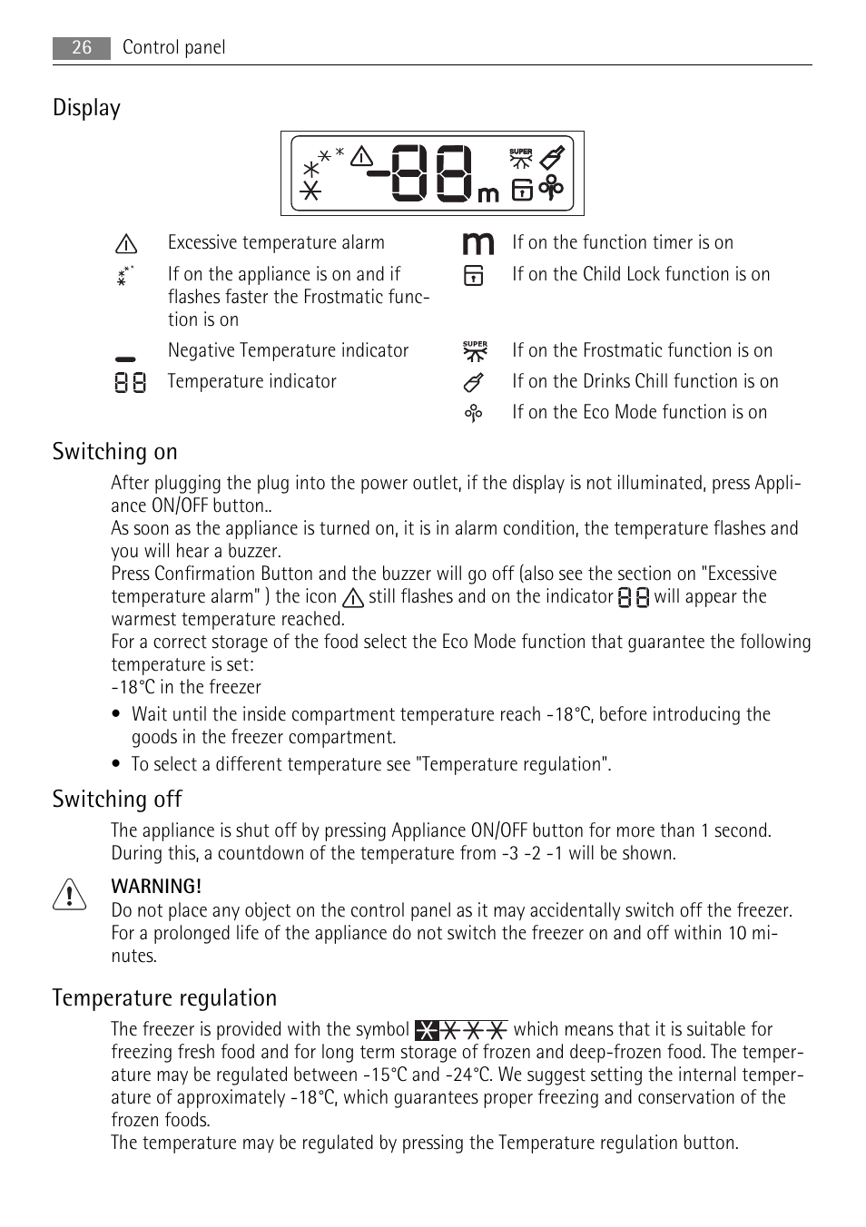 Display, Switching on, Switching off | Temperature regulation | AEG A82300HLW0 User Manual | Page 26 / 80