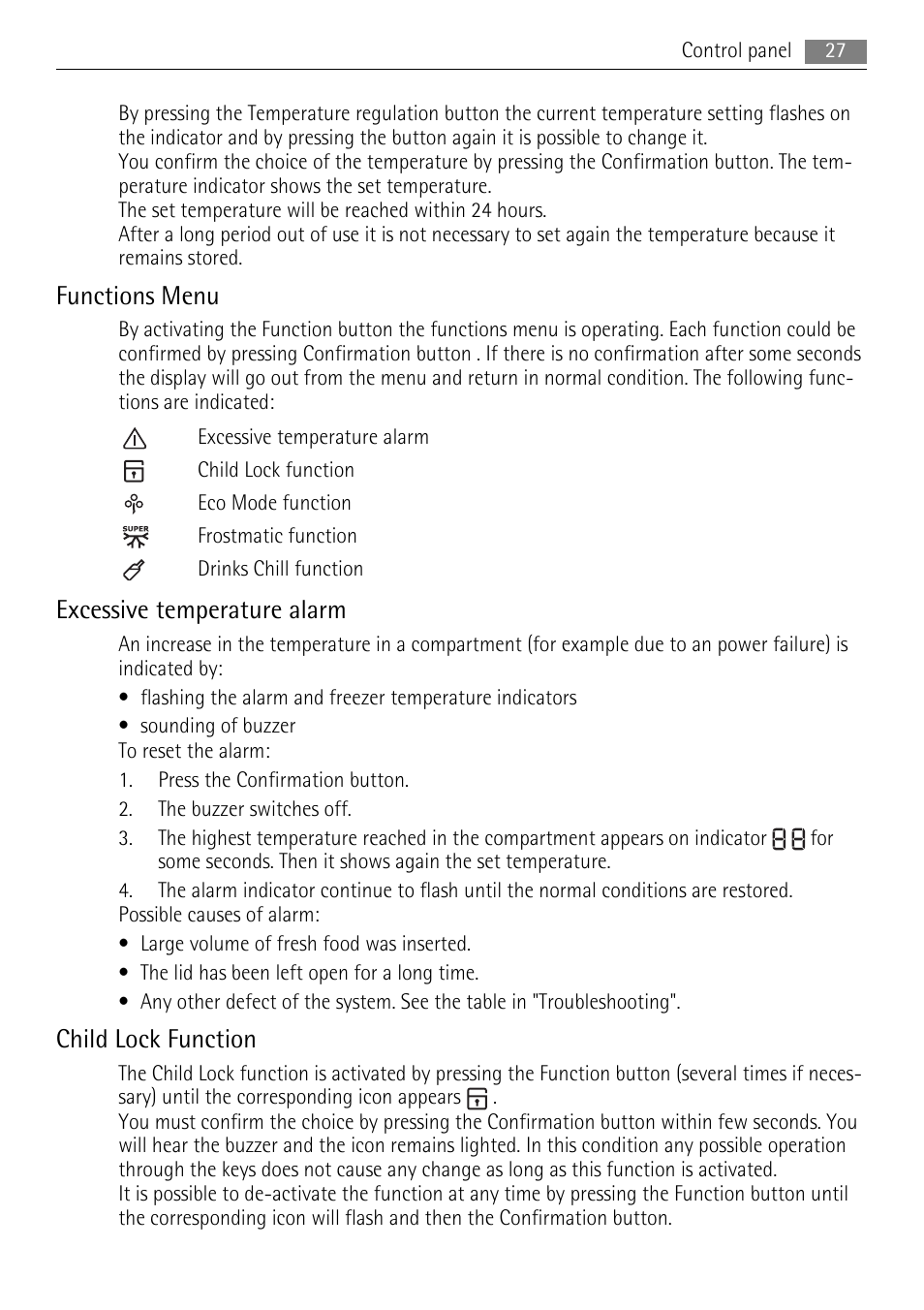 Functions menu, Excessive temperature alarm, Child lock function | AEG A82300HLW0 User Manual | Page 27 / 80