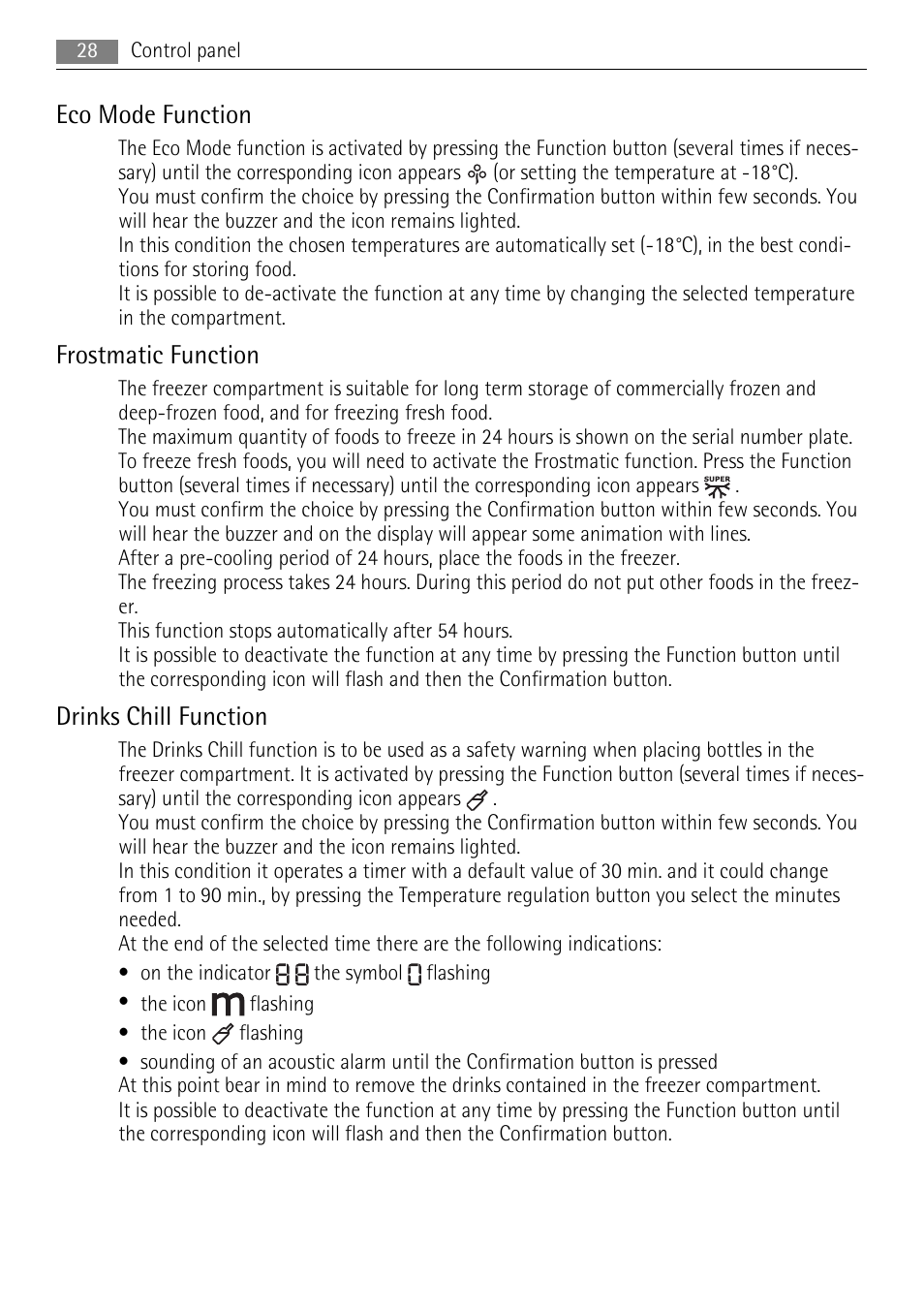 Eco mode function, Frostmatic function, Drinks chill function | AEG A82300HLW0 User Manual | Page 28 / 80
