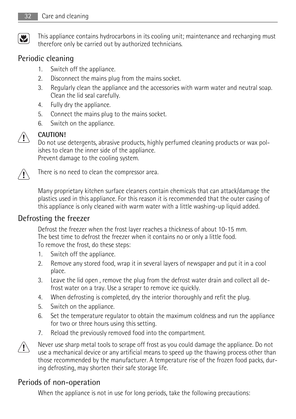 Periodic cleaning, Defrosting the freezer, Periods of non-operation | AEG A82300HLW0 User Manual | Page 32 / 80