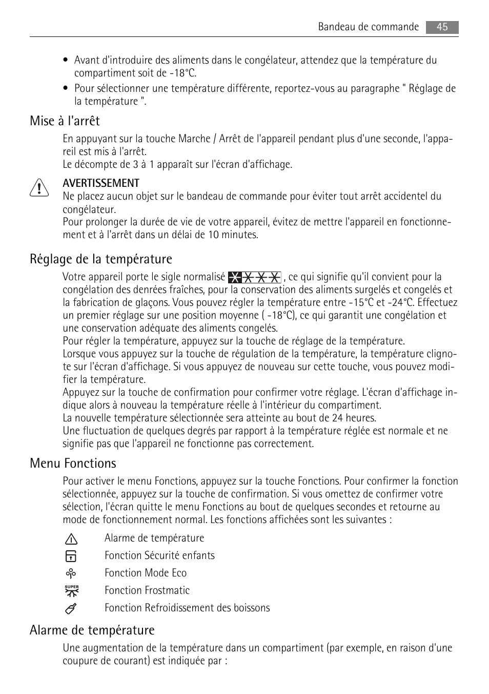 Mise à l'arrêt, Réglage de la température, Menu fonctions | Alarme de température | AEG A82300HLW0 User Manual | Page 45 / 80