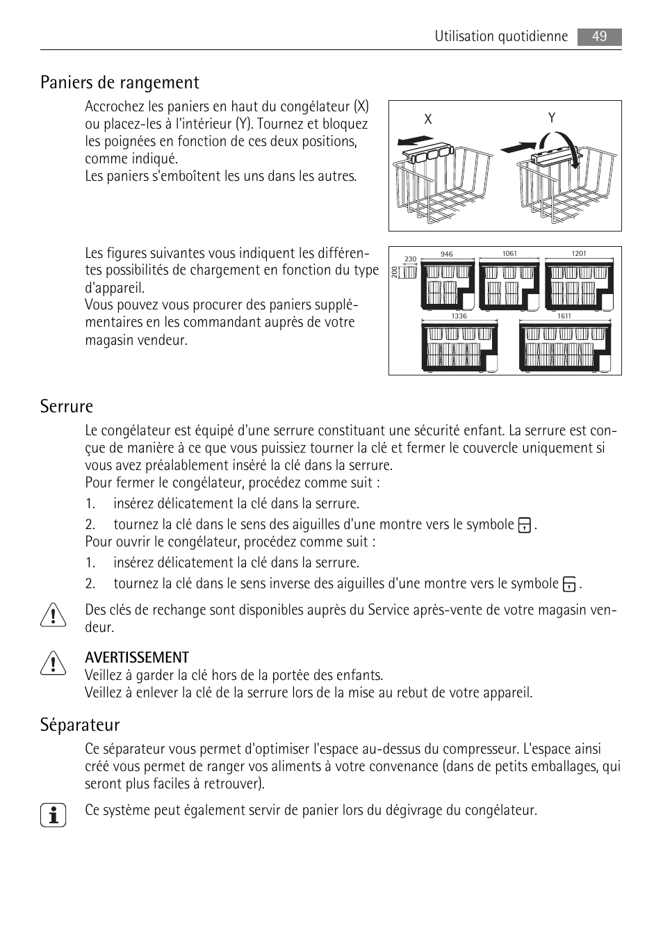 Paniers de rangement, Serrure, Séparateur | AEG A82300HLW0 User Manual | Page 49 / 80