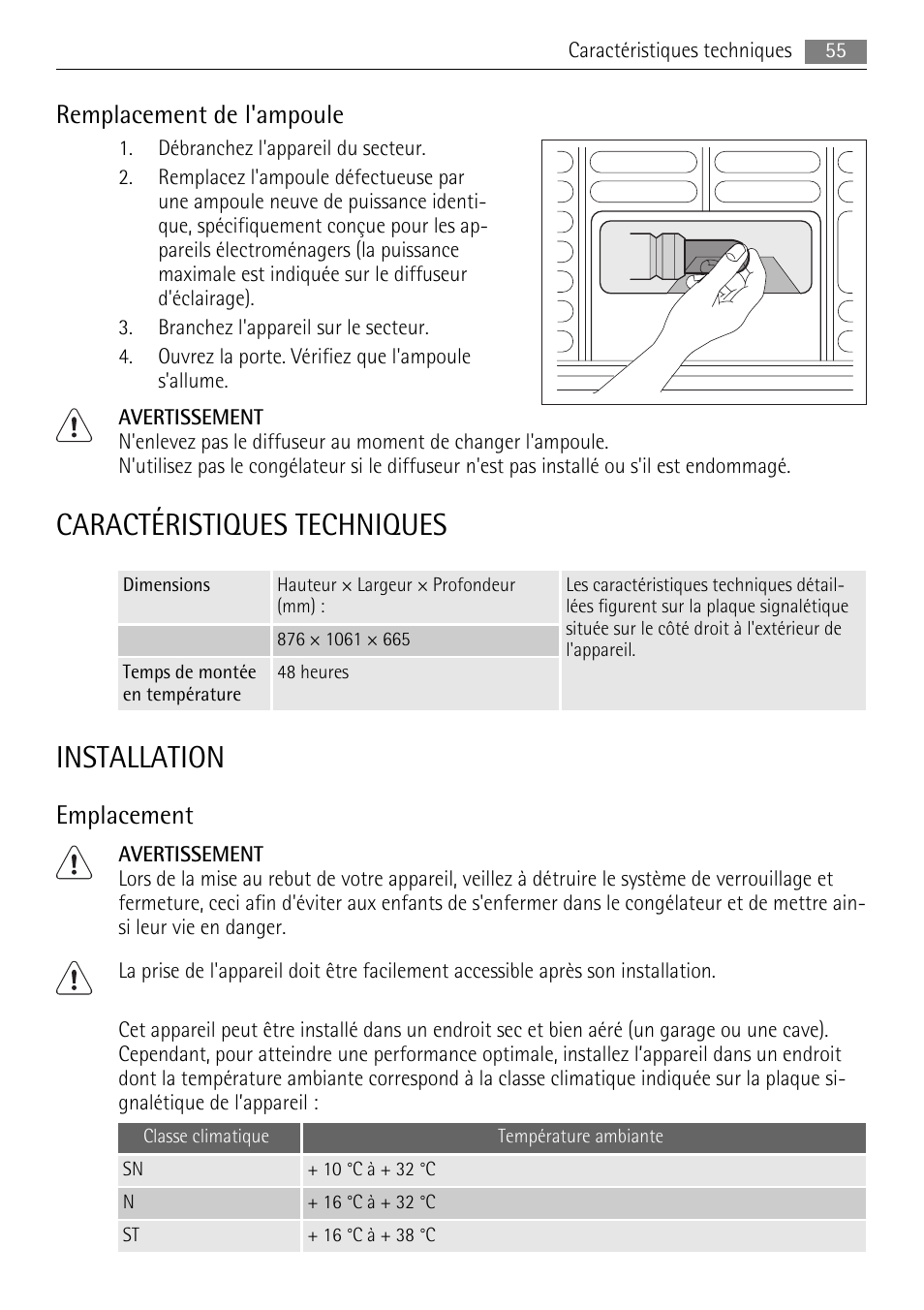 Caractéristiques techniques, Installation, Remplacement de l'ampoule | Emplacement | AEG A82300HLW0 User Manual | Page 55 / 80