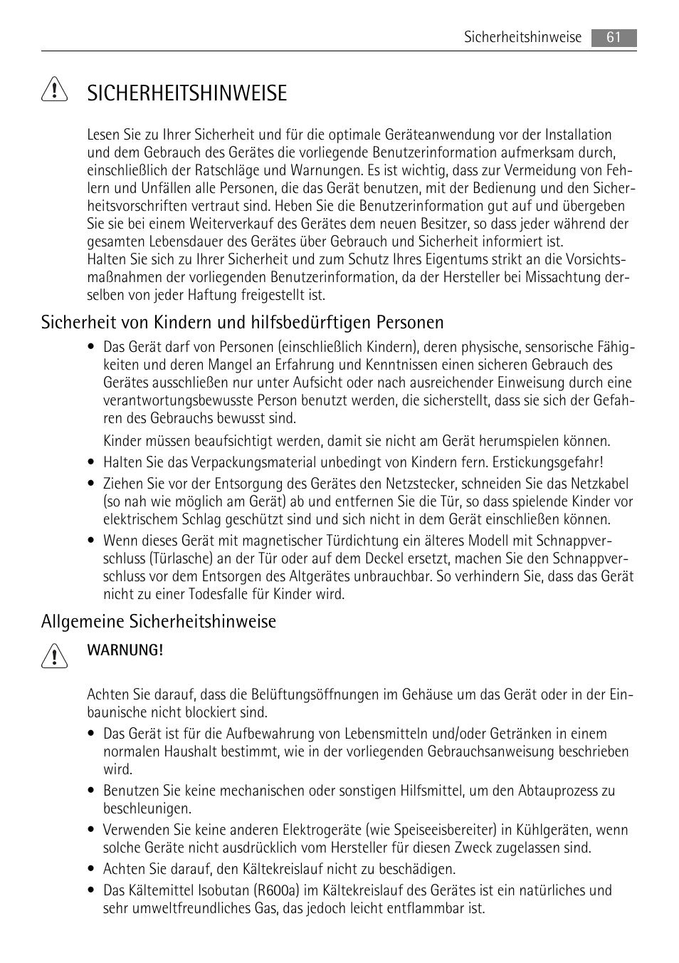 Sicherheitshinweise, Allgemeine sicherheitshinweise | AEG A82300HLW0 User Manual | Page 61 / 80