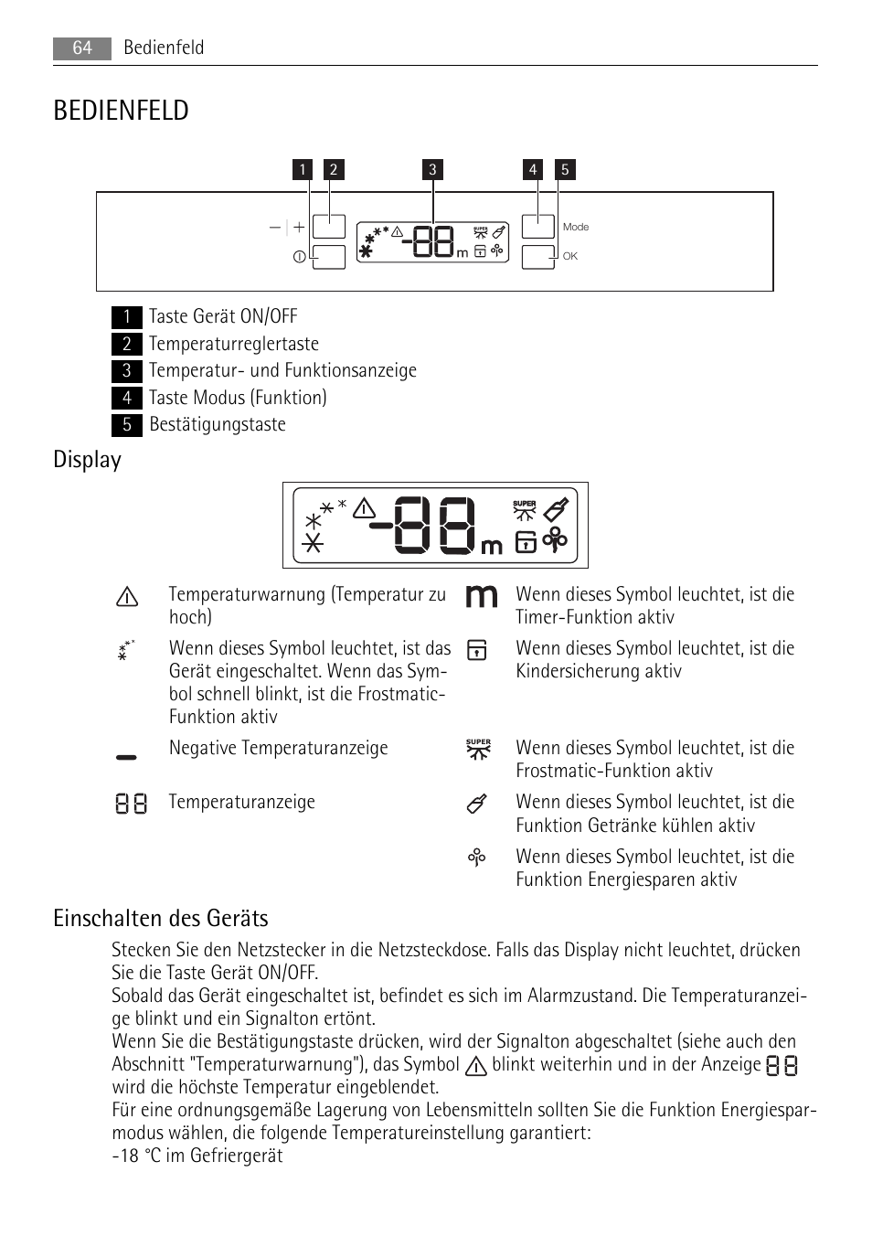 Bedienfeld, Display, Einschalten des geräts | AEG A82300HLW0 User Manual | Page 64 / 80