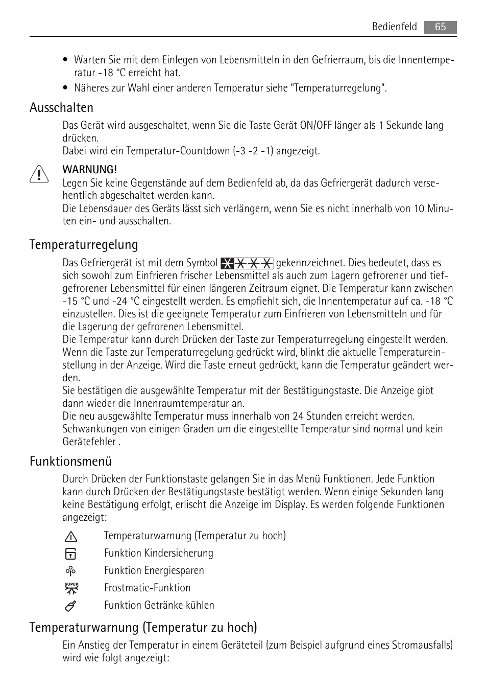 Ausschalten, Temperaturregelung, Funktionsmenü | Temperaturwarnung (temperatur zu hoch) | AEG A82300HLW0 User Manual | Page 65 / 80