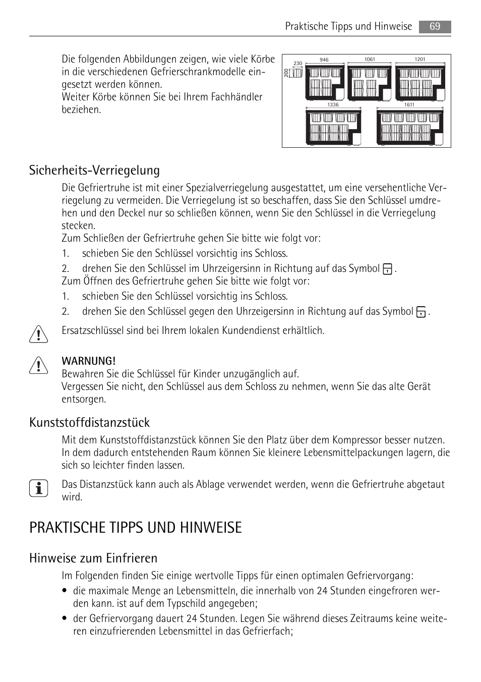 Praktische tipps und hinweise, Sicherheits-verriegelung, Kunststoffdistanzstück | Hinweise zum einfrieren | AEG A82300HLW0 User Manual | Page 69 / 80