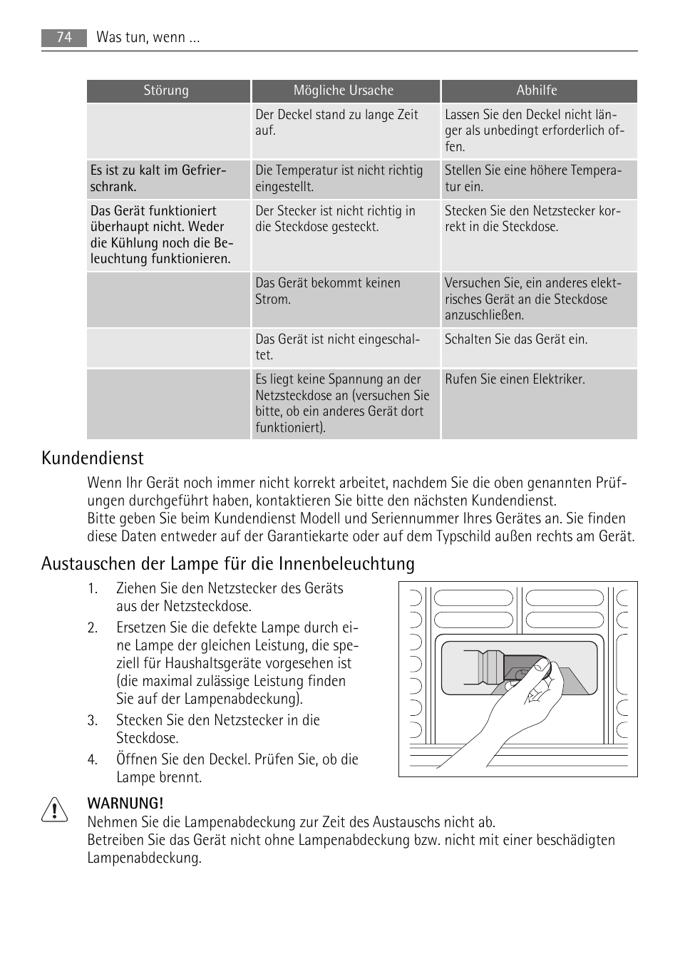 Kundendienst, Austauschen der lampe für die innenbeleuchtung | AEG A82300HLW0 User Manual | Page 74 / 80
