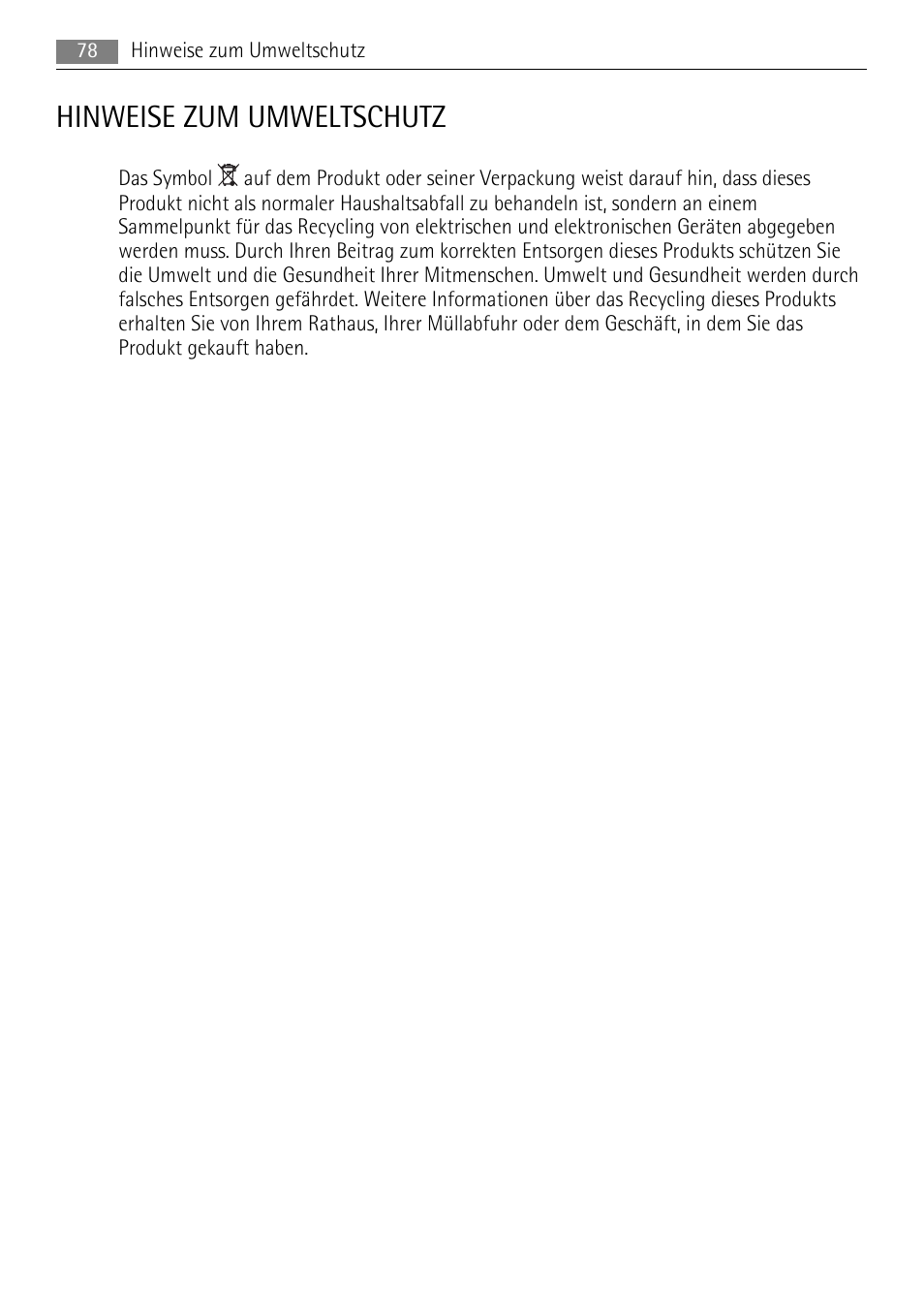 Hinweise zum umweltschutz | AEG A82300HLW0 User Manual | Page 78 / 80