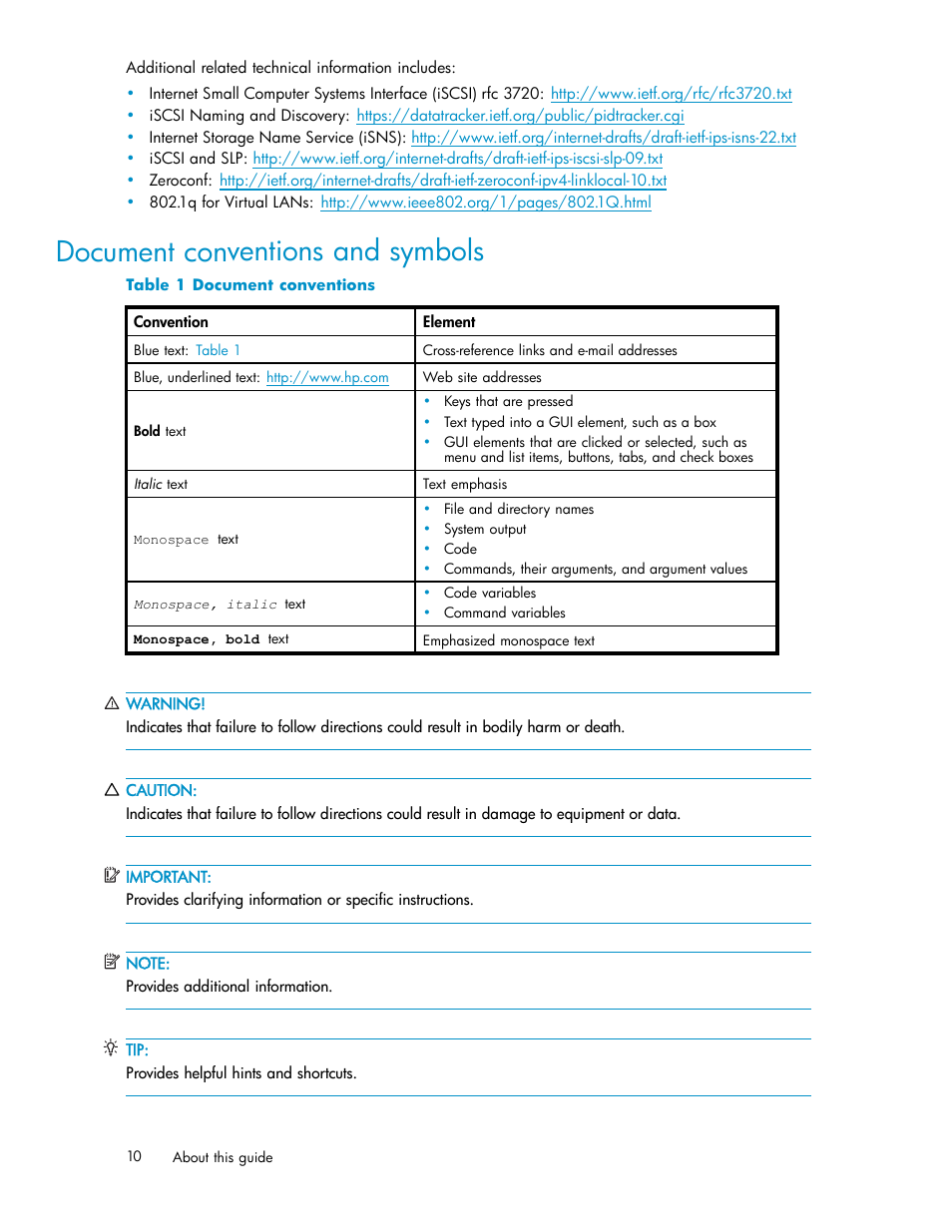 Document conventions and symbols, 1 document conventions | HP StorageWorks 1510i Modular Smart Array User Manual | Page 10 / 99