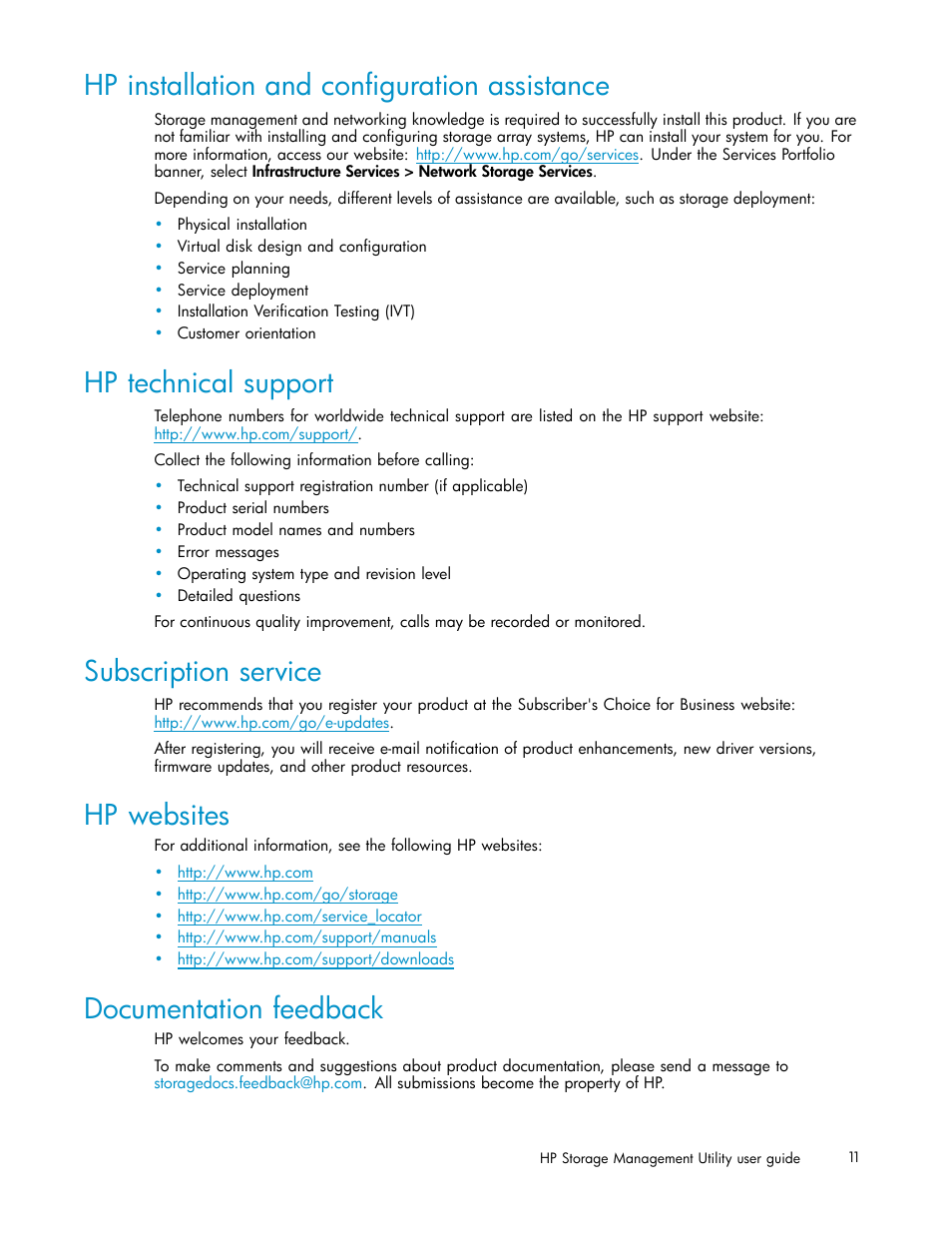 Hp installation and configuration assistance, Hp technical support, Subscription service | Hp websites, Documentation feedback | HP StorageWorks 1510i Modular Smart Array User Manual | Page 11 / 99