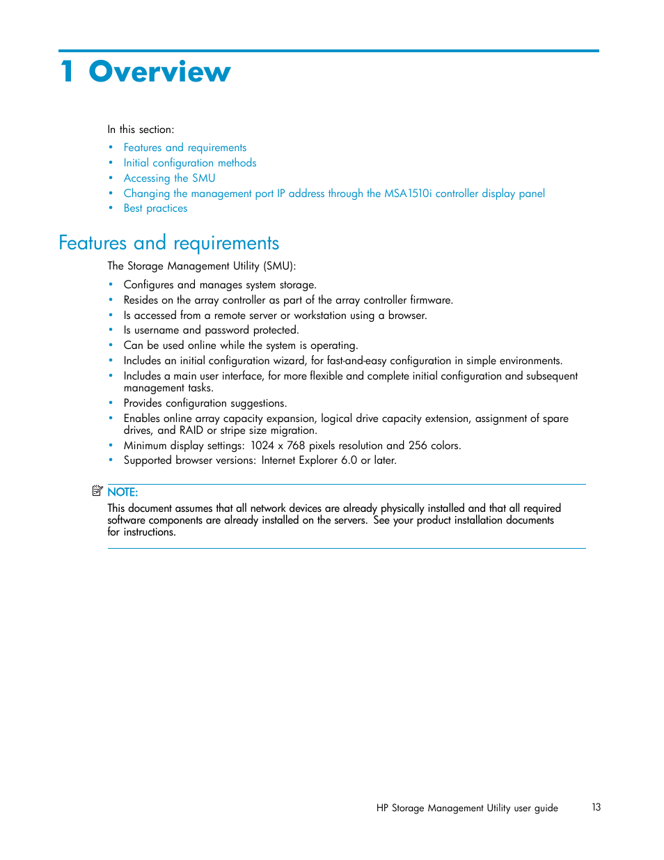 1 overview, Features and requirements | HP StorageWorks 1510i Modular Smart Array User Manual | Page 13 / 99