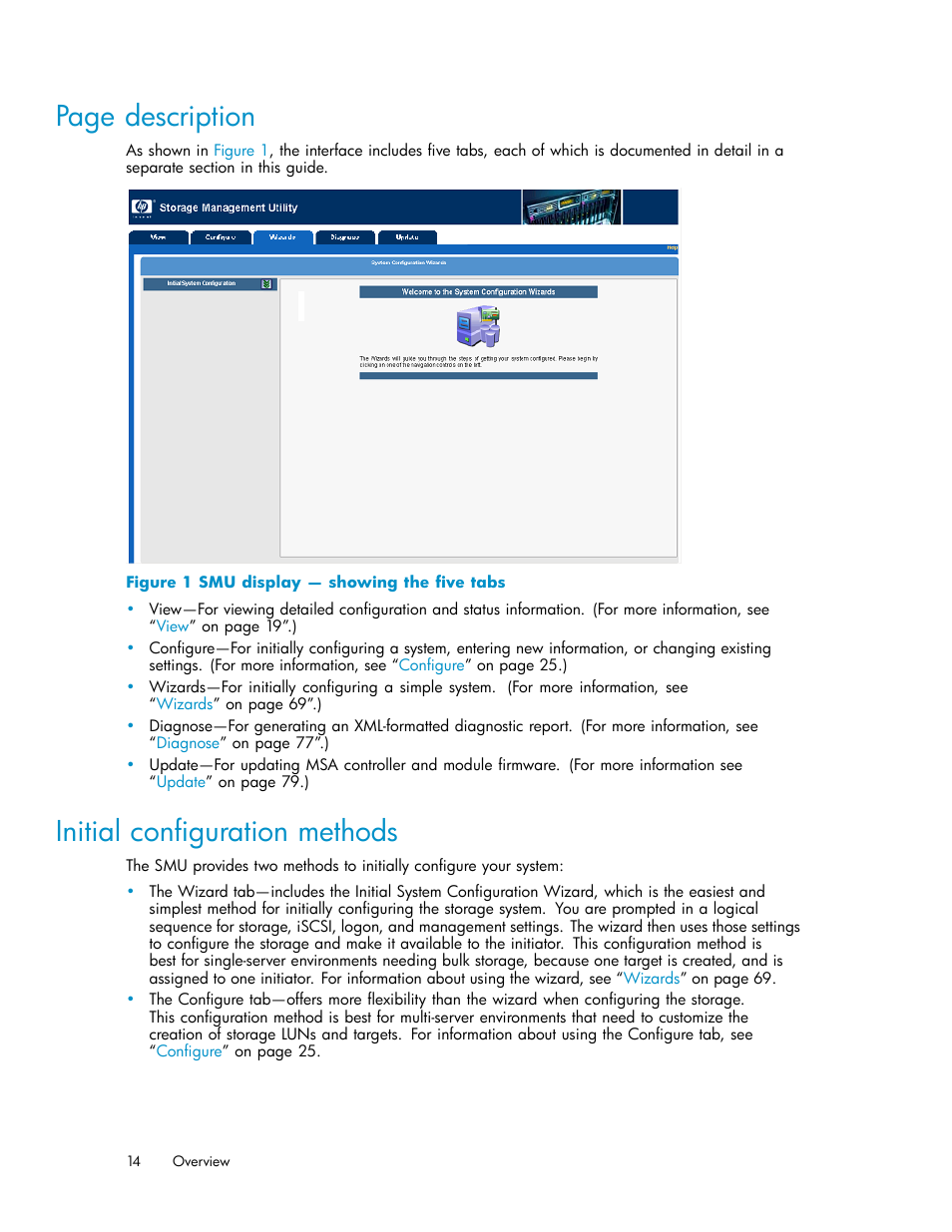 Initial configuration methods, 1 smu display — showing the five tabs, Page description | HP StorageWorks 1510i Modular Smart Array User Manual | Page 14 / 99