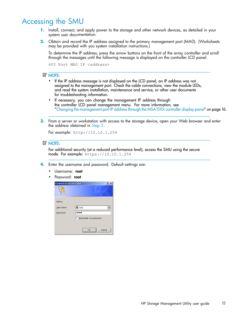 Accessing the smu | HP StorageWorks 1510i Modular Smart Array User Manual | Page 15 / 99