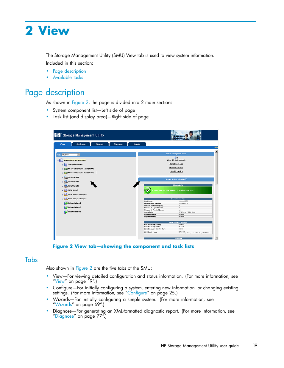 2 view, Tabs, 2 view tab—showing the component and task lists | View, Page description | HP StorageWorks 1510i Modular Smart Array User Manual | Page 19 / 99