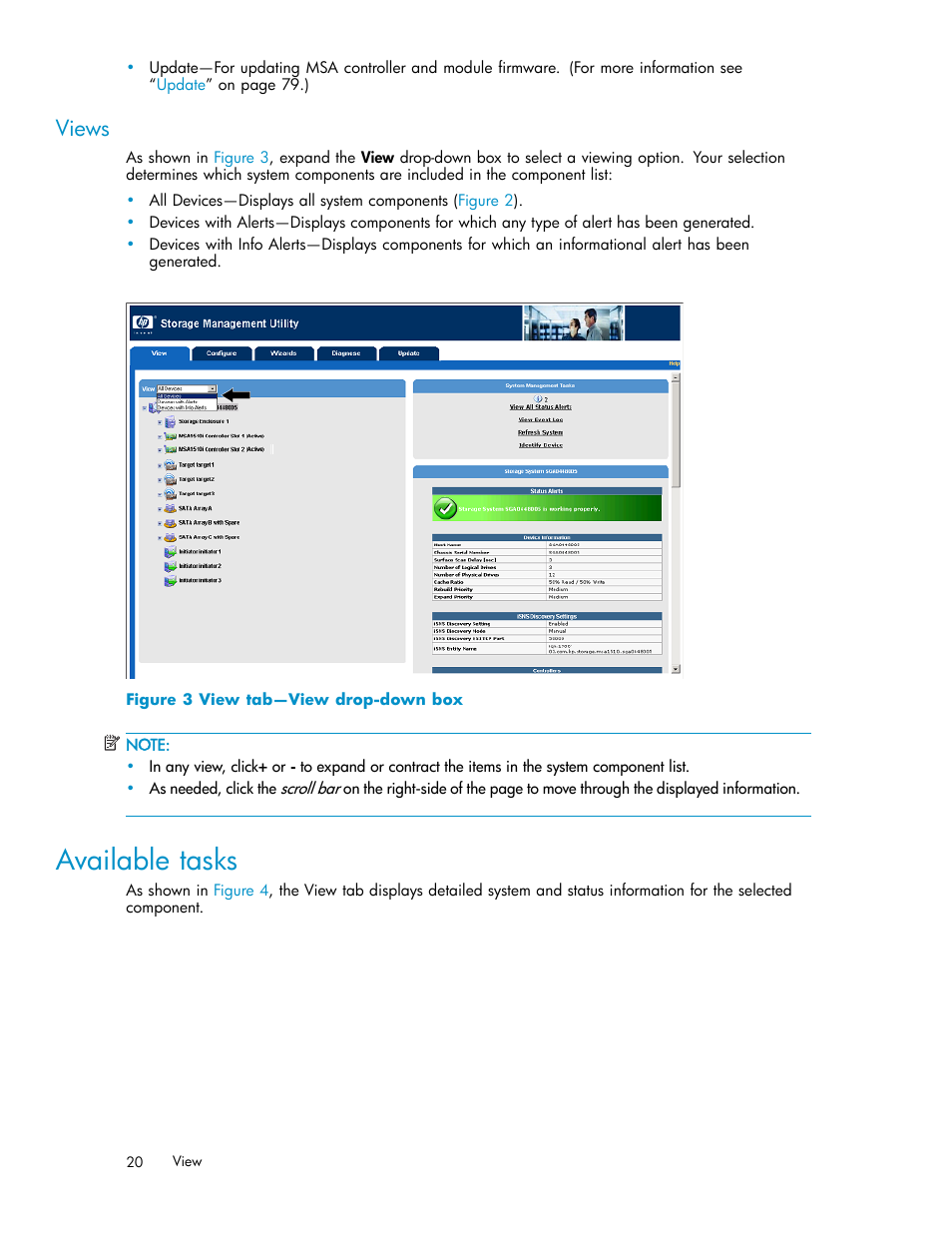 Available tasks, Views, 3 view tab—view drop-down box | HP StorageWorks 1510i Modular Smart Array User Manual | Page 20 / 99