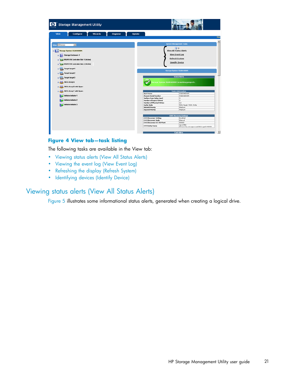 Viewing status alerts (view all status alerts), 4 view tab—task listing, Figure 4 | HP StorageWorks 1510i Modular Smart Array User Manual | Page 21 / 99