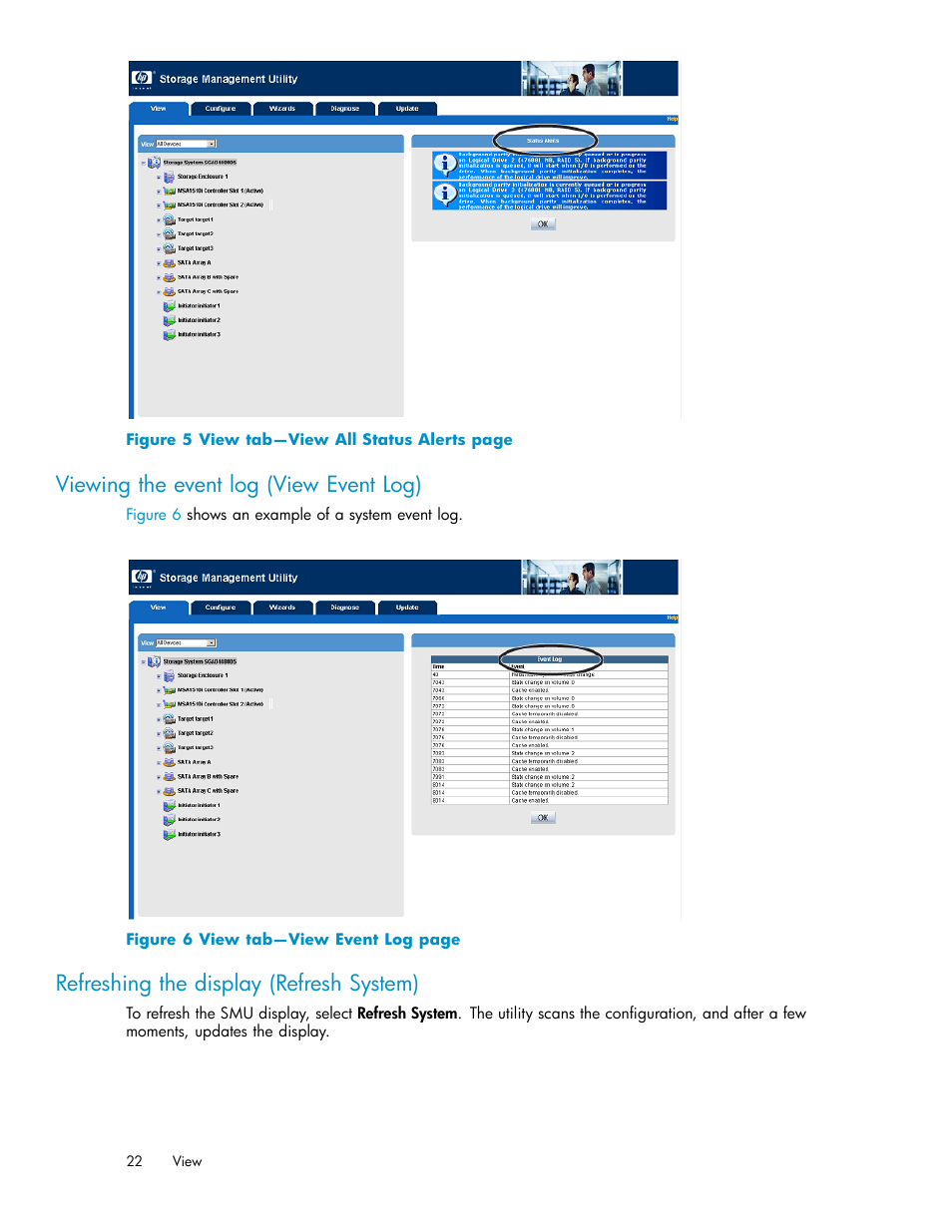 Viewing the event log (view event log), Refreshing the display (refresh system), Figure 5 | HP StorageWorks 1510i Modular Smart Array User Manual | Page 22 / 99