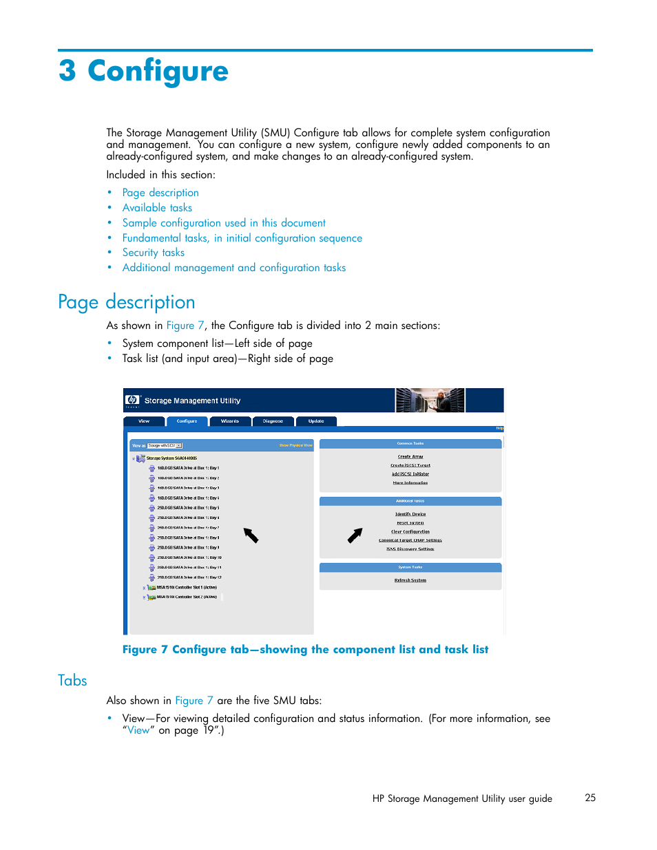 3 configure, Tabs, Configure | Page description | HP StorageWorks 1510i Modular Smart Array User Manual | Page 25 / 99