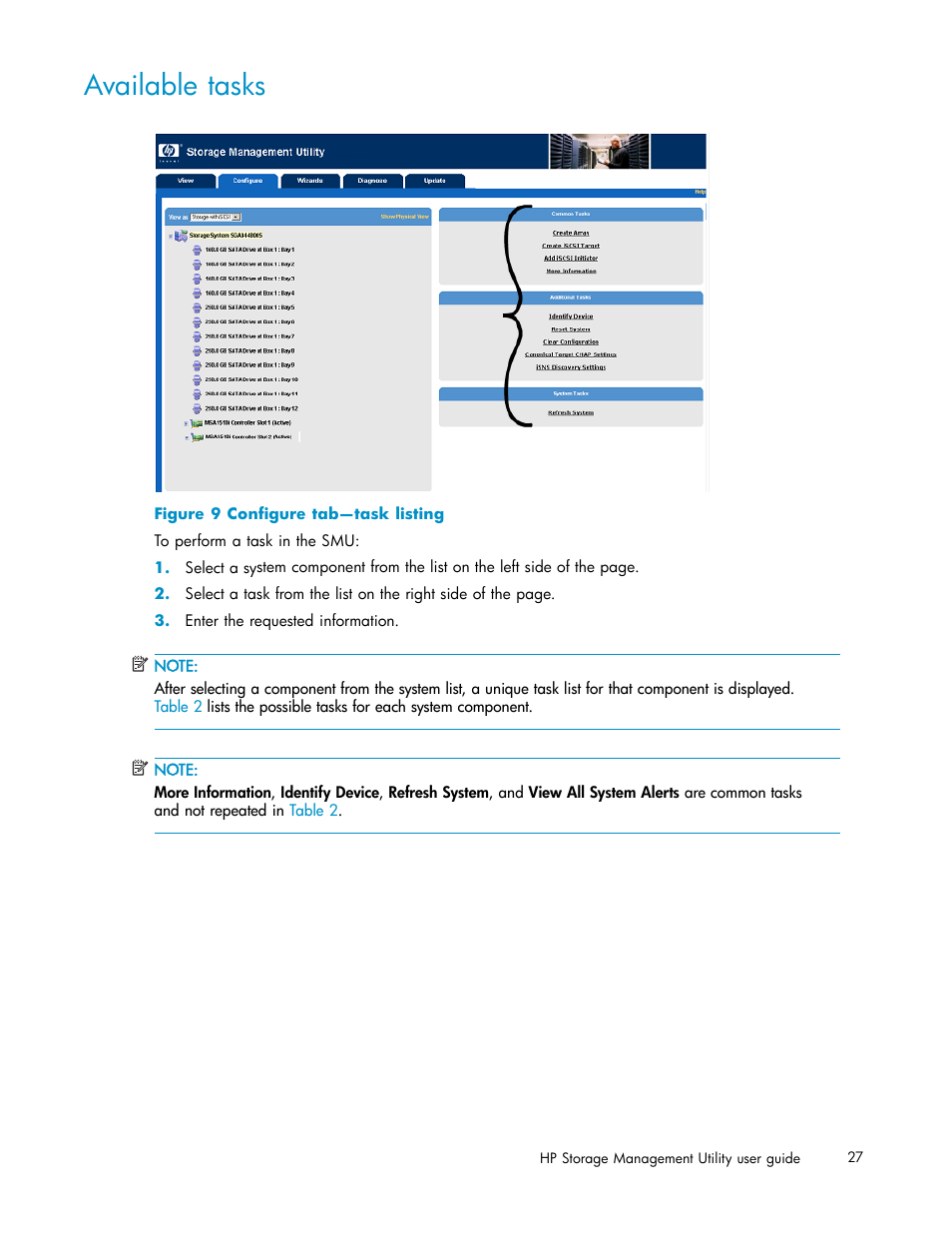 Available tasks, 9 configure tab—task listing | HP StorageWorks 1510i Modular Smart Array User Manual | Page 27 / 99