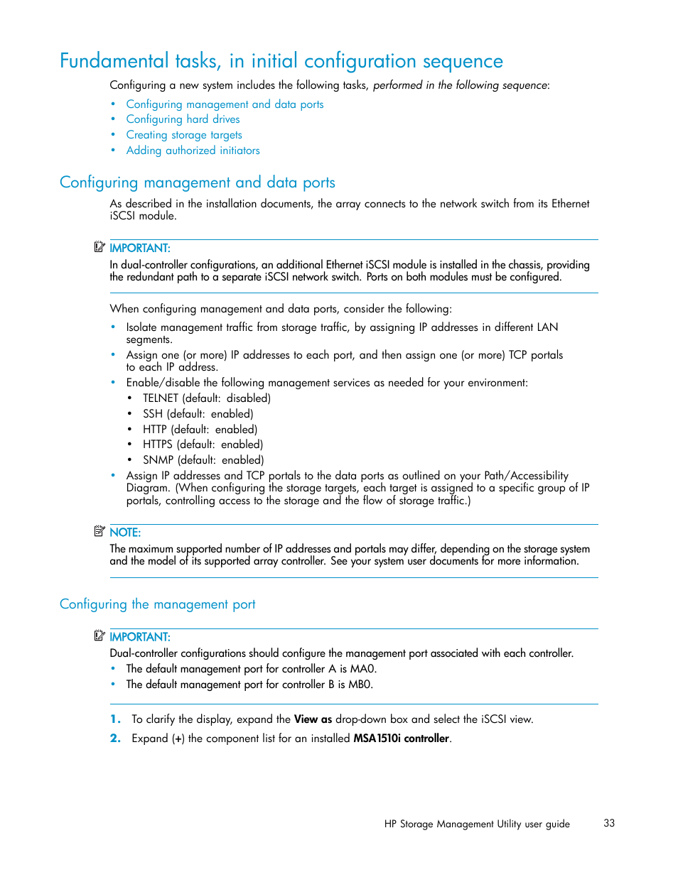 Configuring management and data ports, Configuring the management port | HP StorageWorks 1510i Modular Smart Array User Manual | Page 33 / 99