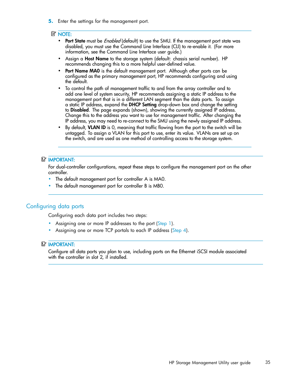 Configuring data ports | HP StorageWorks 1510i Modular Smart Array User Manual | Page 35 / 99