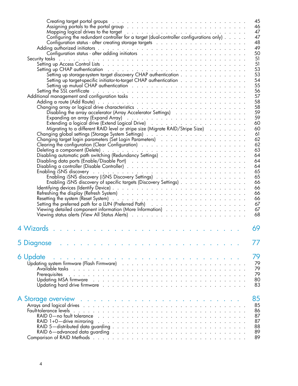 4 wizards 5 diagnose 6 update, A storage overview | HP StorageWorks 1510i Modular Smart Array User Manual | Page 4 / 99