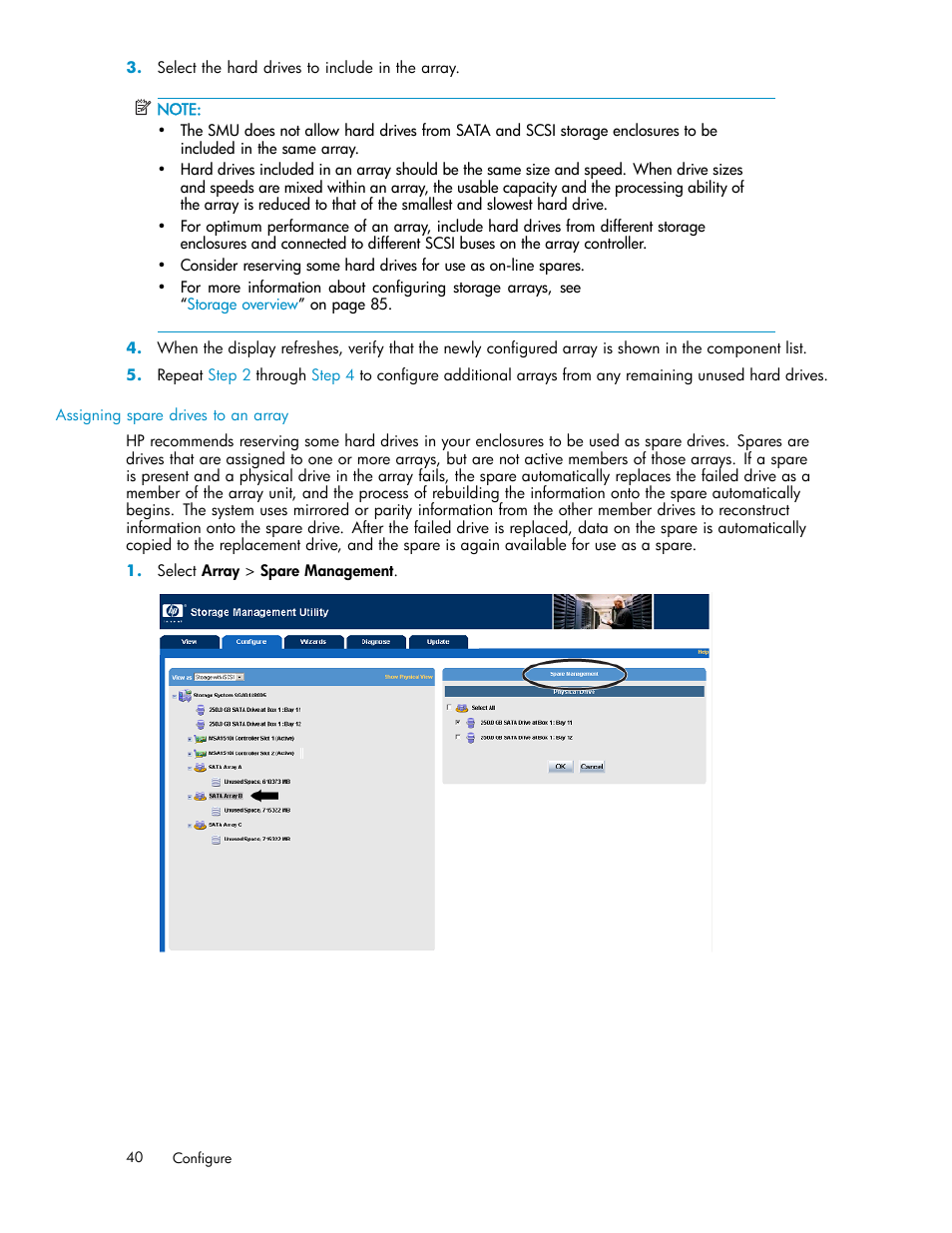 Assigning spare drives to an array | HP StorageWorks 1510i Modular Smart Array User Manual | Page 40 / 99