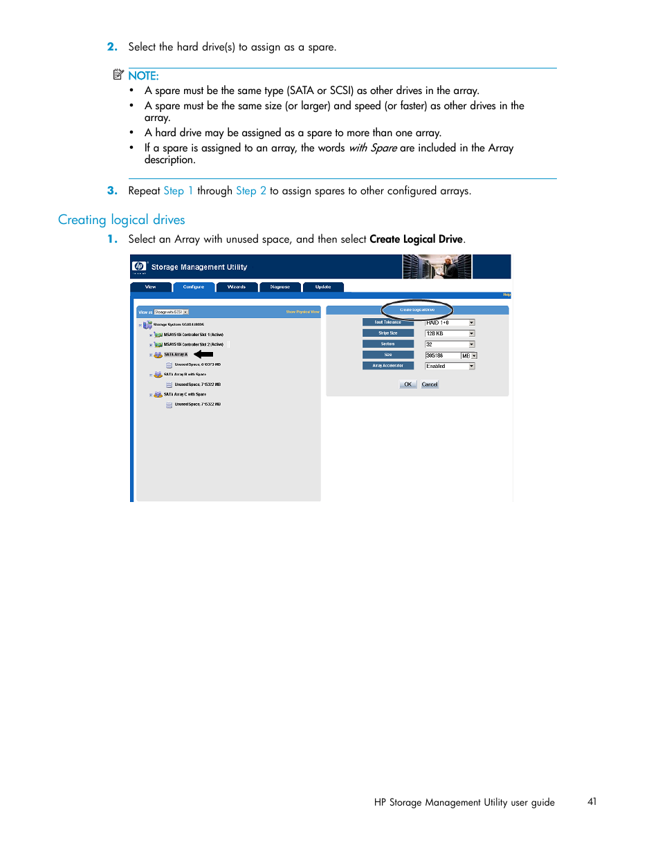 Creating logical drives | HP StorageWorks 1510i Modular Smart Array User Manual | Page 41 / 99