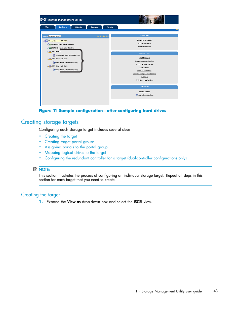 Creating storage targets, Creating the target | HP StorageWorks 1510i Modular Smart Array User Manual | Page 43 / 99