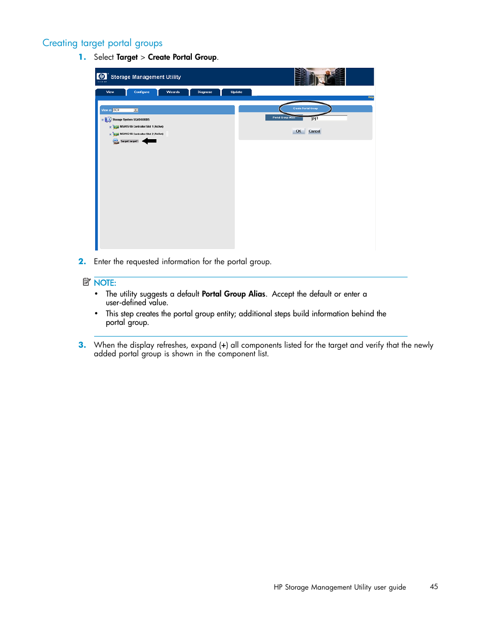 Creating target portal groups | HP StorageWorks 1510i Modular Smart Array User Manual | Page 45 / 99