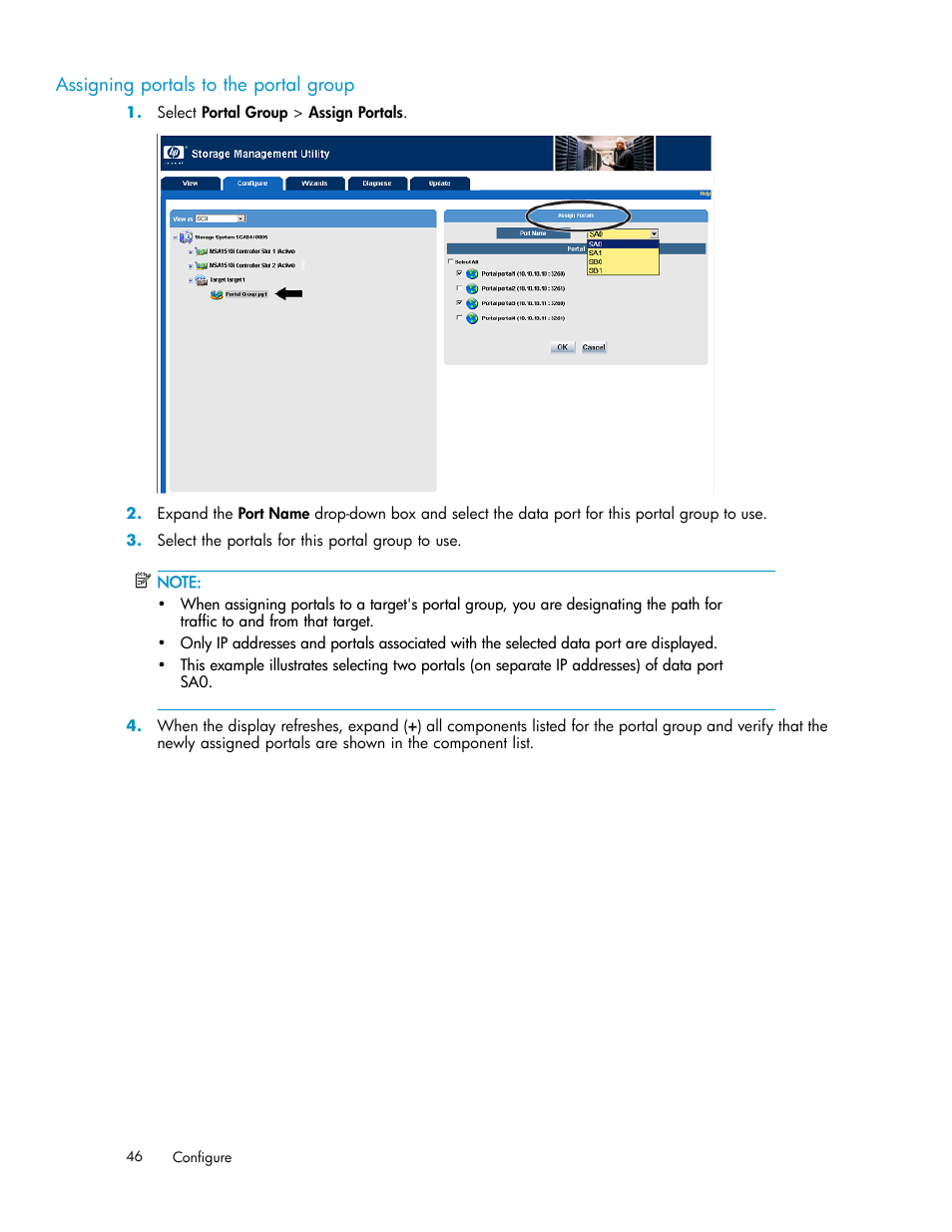 Assigning portals to the portal group | HP StorageWorks 1510i Modular Smart Array User Manual | Page 46 / 99