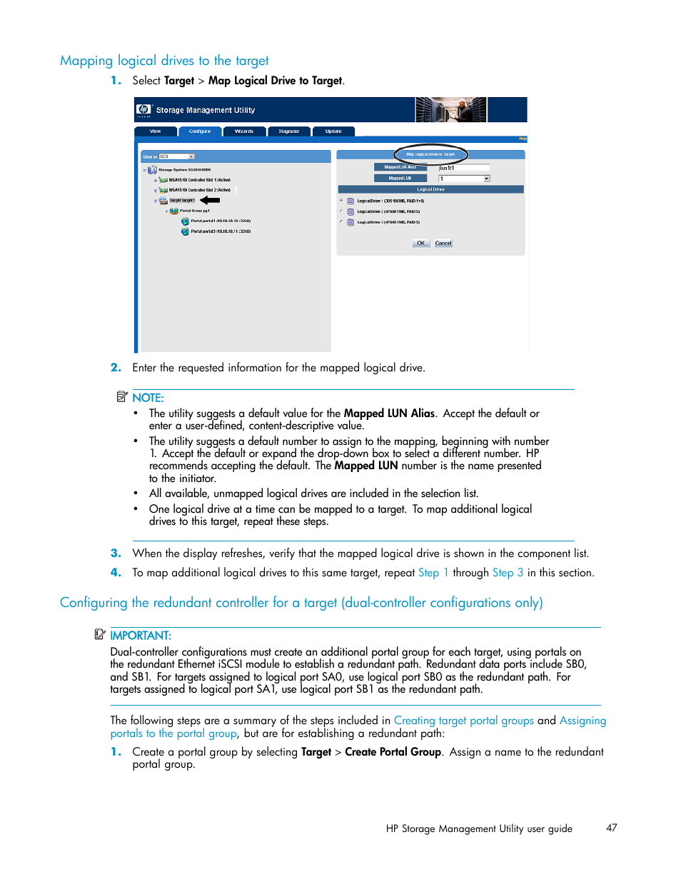 Mapping logical drives to the target | HP StorageWorks 1510i Modular Smart Array User Manual | Page 47 / 99