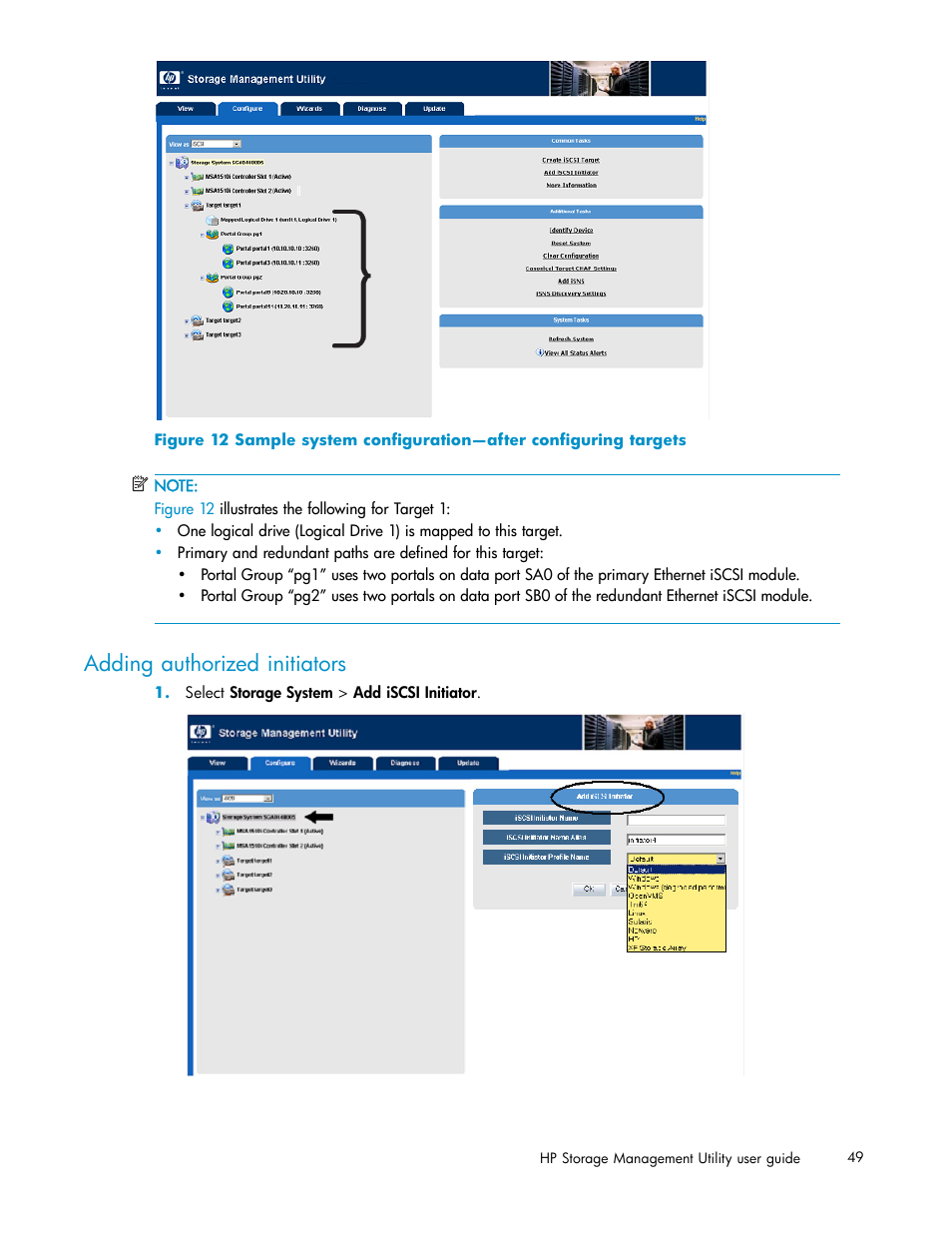 Adding authorized initiators | HP StorageWorks 1510i Modular Smart Array User Manual | Page 49 / 99