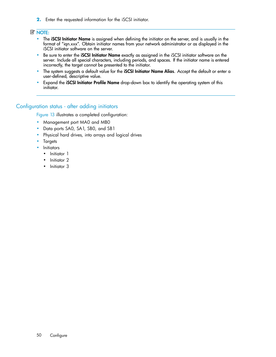 Configuration status - after adding initiators | HP StorageWorks 1510i Modular Smart Array User Manual | Page 50 / 99