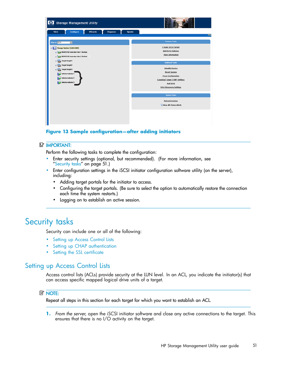 Security tasks, Setting up access control lists, 13 sample configuration—after adding initiators | HP StorageWorks 1510i Modular Smart Array User Manual | Page 51 / 99