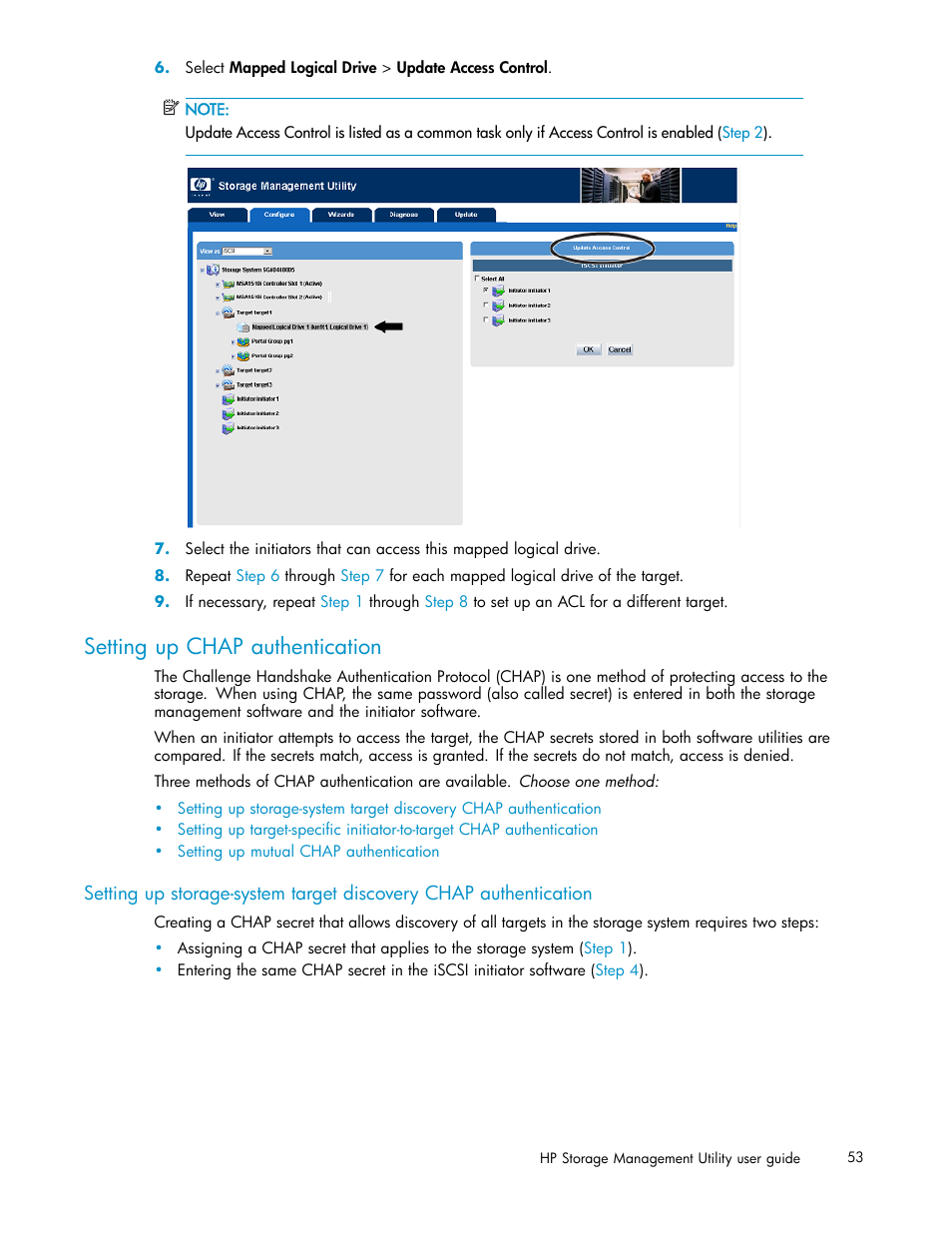 Setting up chap authentication, Step 6, Step 7 | HP StorageWorks 1510i Modular Smart Array User Manual | Page 53 / 99