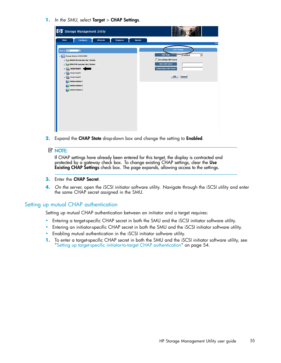 Setting up mutual chap authentication, Step 1, Step 4 | HP StorageWorks 1510i Modular Smart Array User Manual | Page 55 / 99