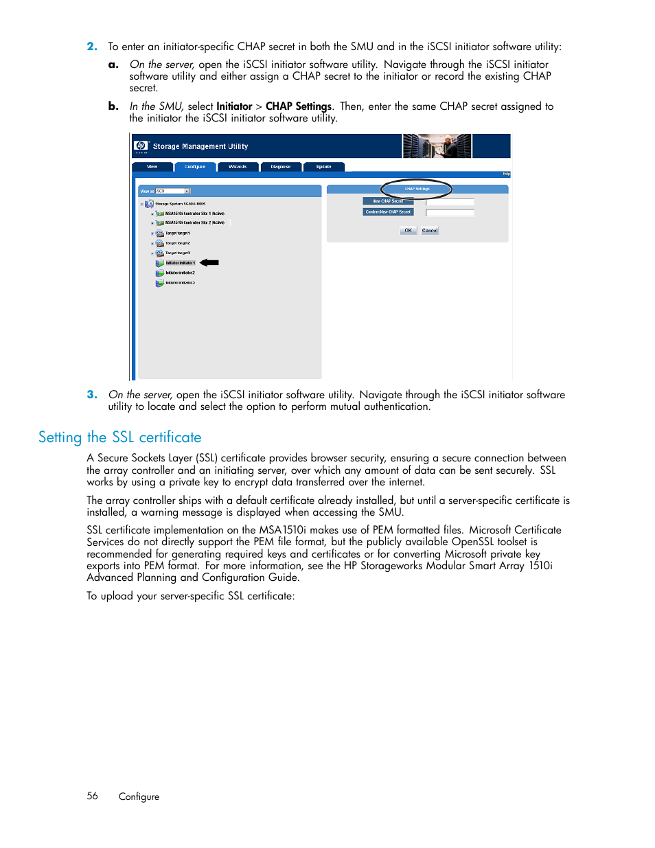 Setting the ssl certificate | HP StorageWorks 1510i Modular Smart Array User Manual | Page 56 / 99