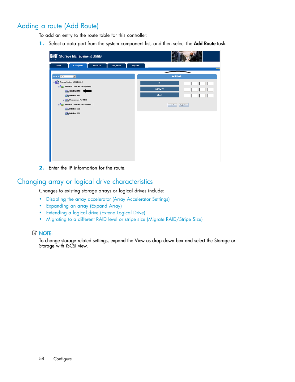 Adding a route (add route), Changing array or logical drive characteristics, Changing array or logical drive characteri | Stics | HP StorageWorks 1510i Modular Smart Array User Manual | Page 58 / 99