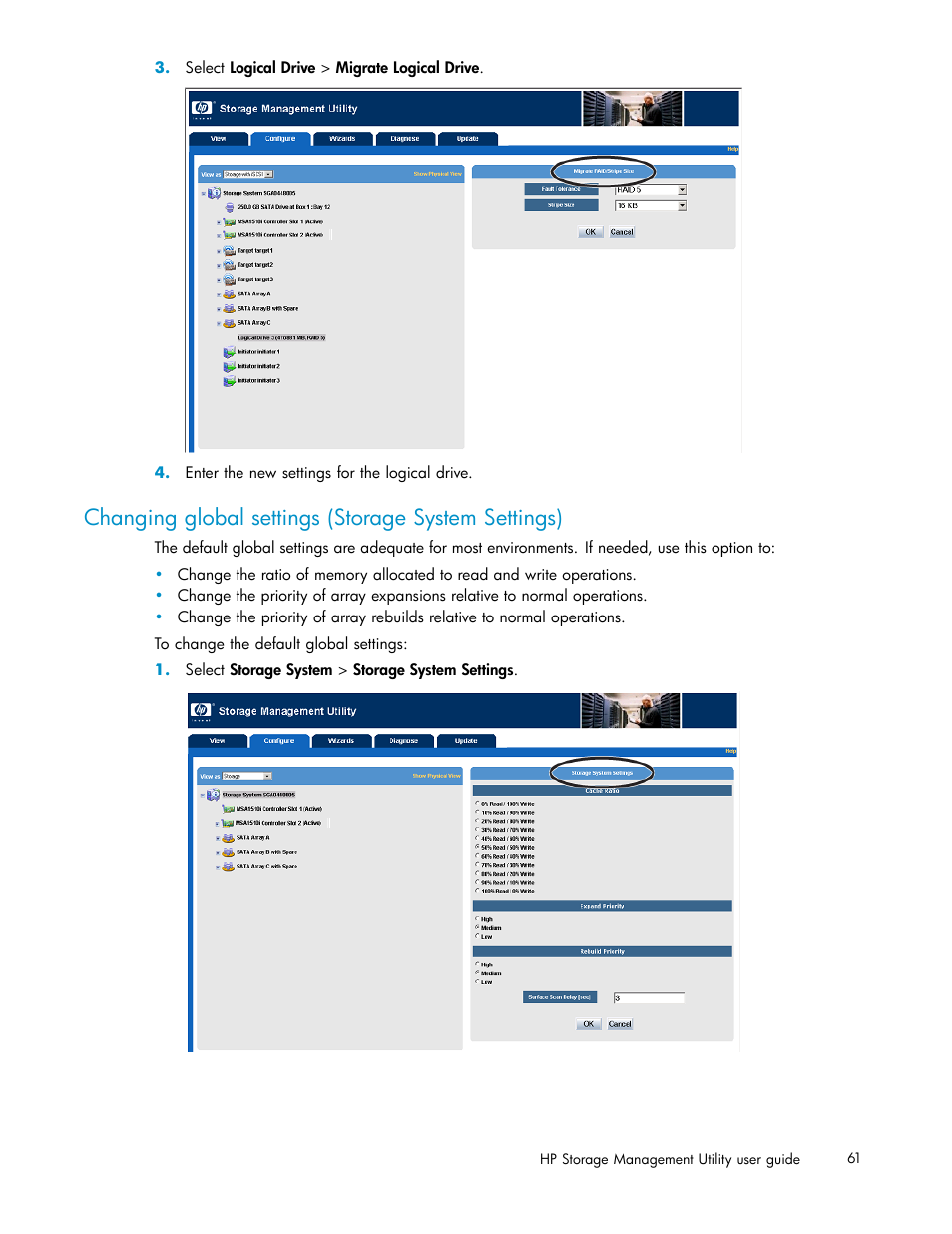 Changing global settings (storage system settings), Changing global settings (storage system, Settings) | HP StorageWorks 1510i Modular Smart Array User Manual | Page 61 / 99