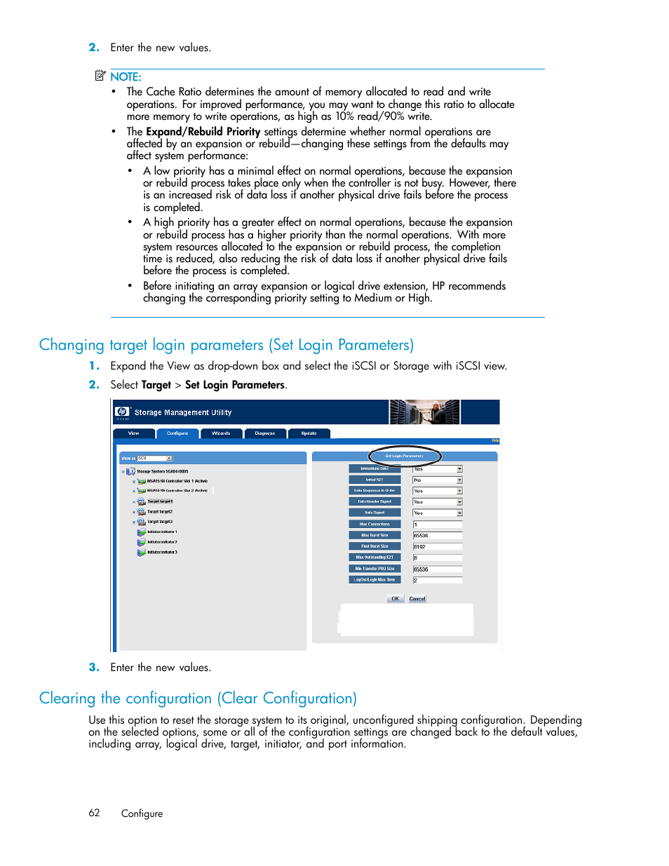 Clearing the configuration (clear configuration), Clearing the configuration (clear configur, Ation) | Changing target login parameters (set login, Parameters) | HP StorageWorks 1510i Modular Smart Array User Manual | Page 62 / 99