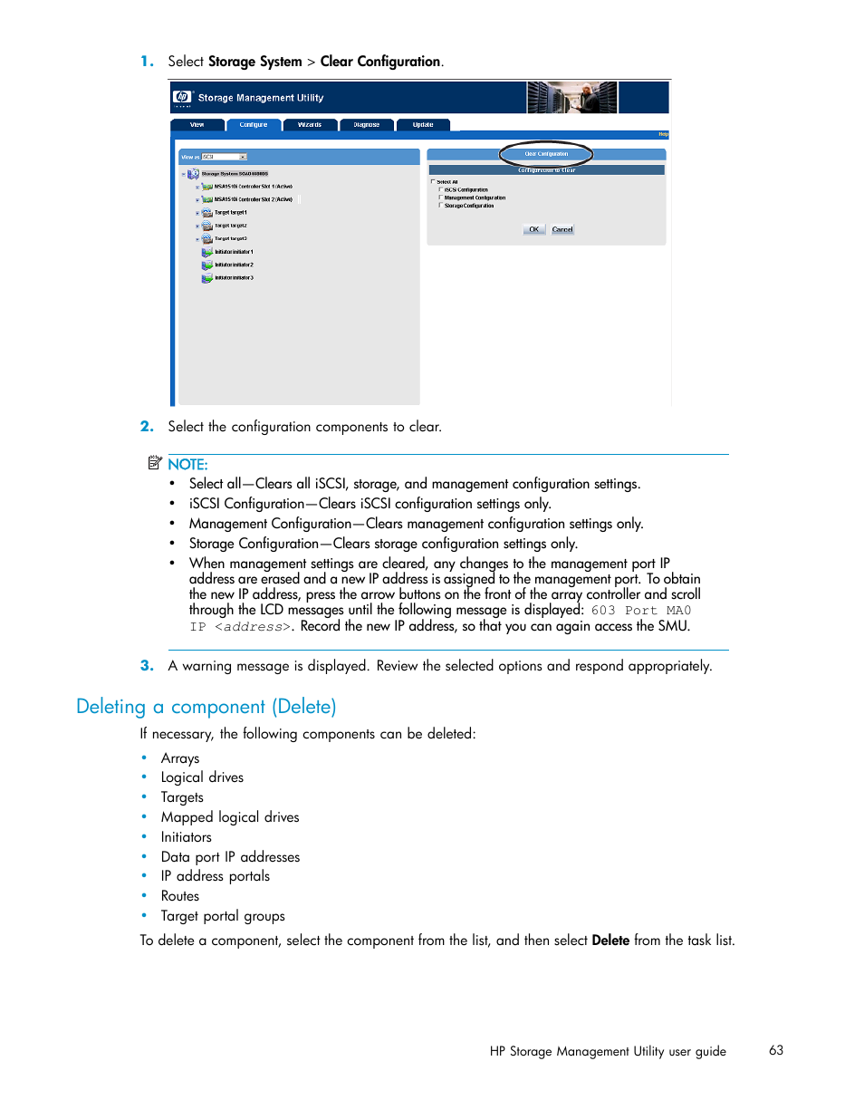 Deleting a component (delete) | HP StorageWorks 1510i Modular Smart Array User Manual | Page 63 / 99