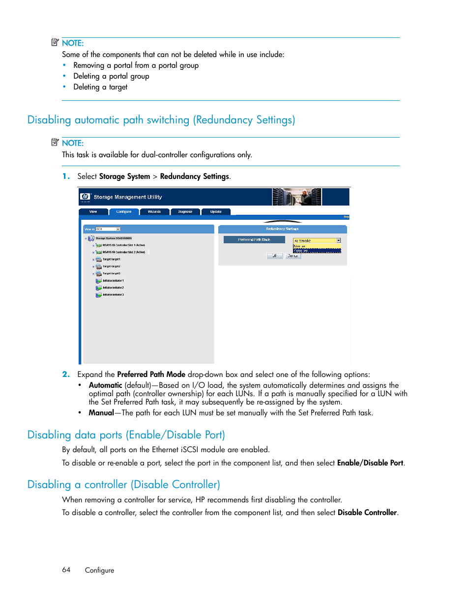 Disabling data ports (enable/disable port), Disabling a controller (disable controller), Disabling auto-path switching (redundancy | Settings) | HP StorageWorks 1510i Modular Smart Array User Manual | Page 64 / 99