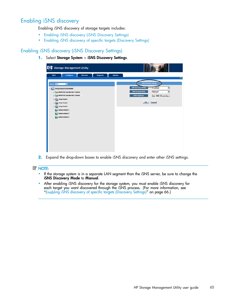 Enabling isns discovery, Enabling isns discovery (isns discovery settings) | HP StorageWorks 1510i Modular Smart Array User Manual | Page 65 / 99